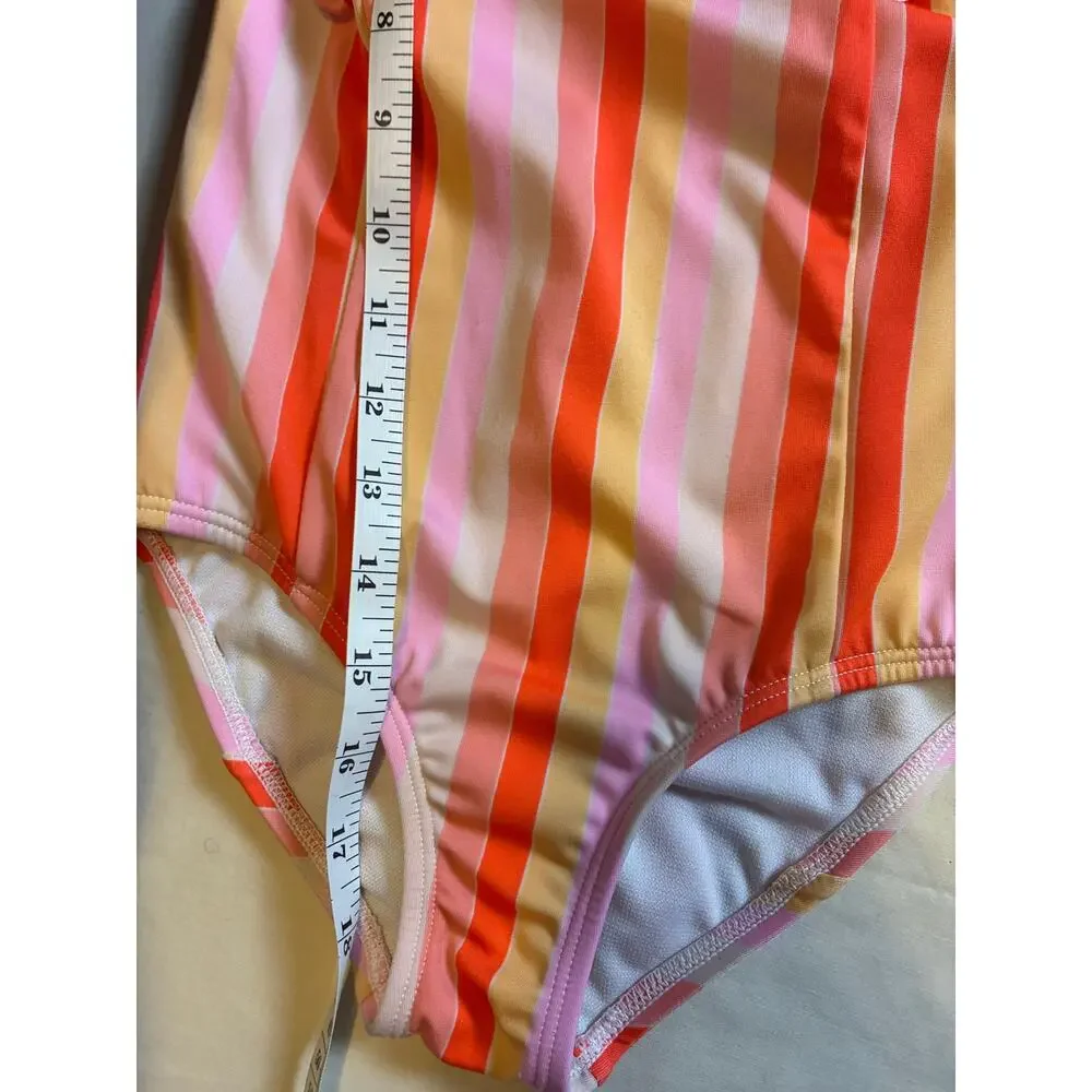 Cat & Jack 5T One Piece Swimsuit Pink Orange Stripe Ruffle Shoulder Swimwear
